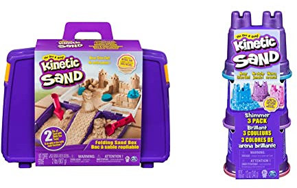 Kinetic Sand Sandspiel Koffer mit 907 Indoor-Sandspaß & Schimmer Sand 3er Pack 340 g - 3 Farben Glitzersand aus Schweden für Indoor Sandspiel, ab 3 Jahren
