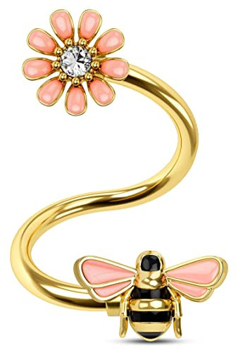 cm Crareesi Mania Twisted Helix Ohrringe Niedliche Biene Knorpel Ohrringe 16G 316L Edelstahl Spirale Barbell Septum Daith Helix Conch Piercing Schmuck Körperpiercing Schmuck mit Blume für Frauen