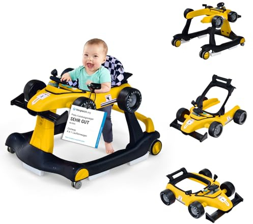 COSTWAY 4-i-1-gåstol, hopfällbar gåvagn med justerbar höjd och hastighet, baby walker, bilformad, med speldosa, lampor och hjul, gåstol för baby från 6 månader, 15 kg lastkapacitet (gul)