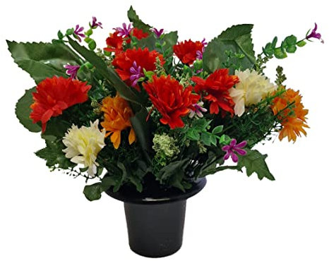 INERRA Cemetery Grave Vase Pot with Red, Orange and Ivory Artificial Flowers