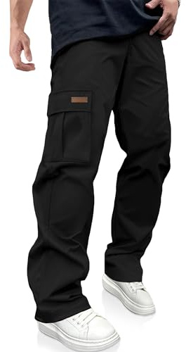 PLEPAN Men's Casual Cargo Pants Drawstring Hiking Workout Tactical Joggers Sweatpants for Men with Pockets Black XX-Large