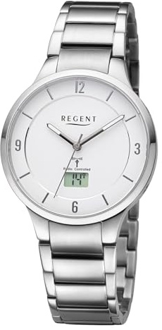 REGENT URFR287 Montre radio-pilotée analogique et numérique pour femme Bracelet en métal argenté, Argenté.