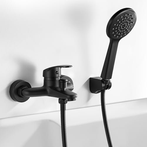 Coleniny Robinet de Baignoire Noir, Mitigeur de Baignoire Noir avec Douchette et Flexible de Douche (1.5m) Support, Mitigeur monocommande de Douche Mural, Robinet Douche Universel Filetage G1/2