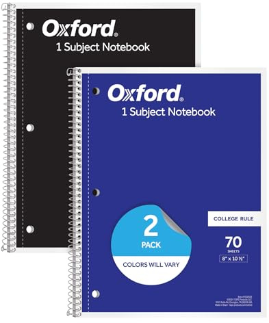 Oxford Spiral Notebooks, 2 Pack, 1 Subject, College Ruled Notebooks for School, 8 x 10.5 Inches, 70 Sheets, Assorted Colors, Back to School Supplies (1002522)