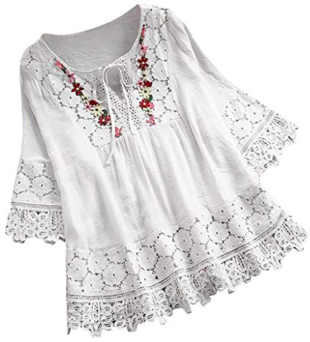 Keepink Tunic Tops for Women UK Plus Size 16-30 Cotton Linen Embroidered Top Lace V Neck 3/4 Sleeve T Shirts Summer Oversized Blouse Pullover Shirts Boho Peasant T-Shirts Trendy