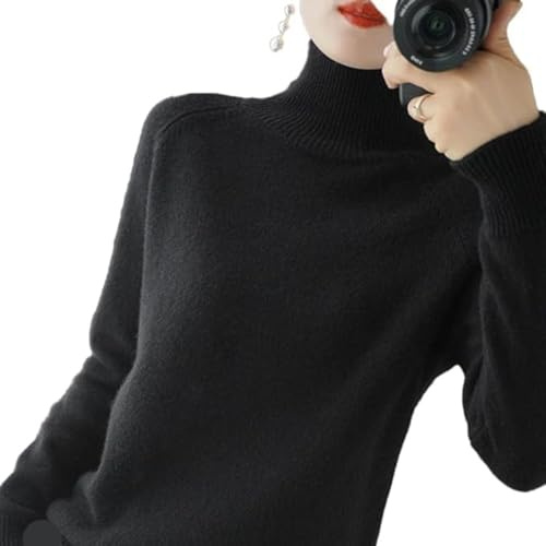 Jersey de Cachemira para Mujer de Cuello Alto - Otoño e Invierno, Liso de Punto Holgado Con Mangas Largas, Básico (Negro, XL)
