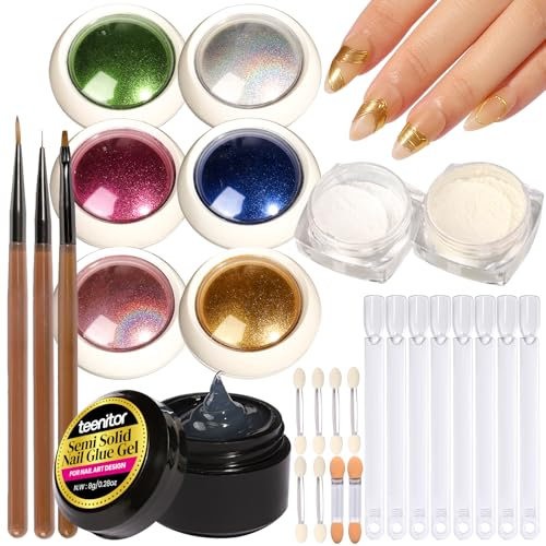 Teenitor Gold Pearl Chrome Nail Powder with 3D Gel - Professional Nail Art Tools