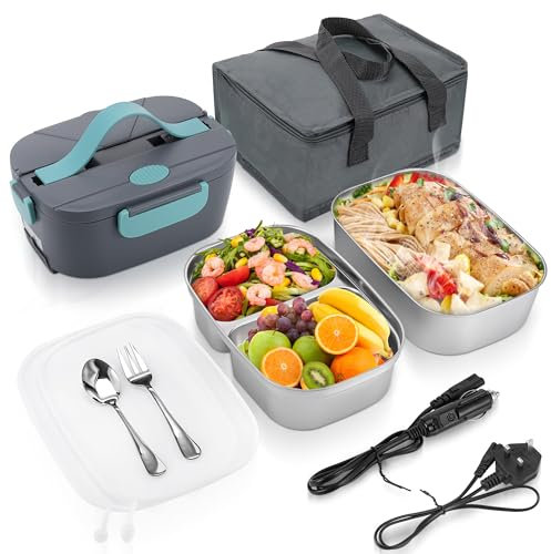 Kssvzz 80W Scaldavivande Elettrico Portatile, Porta Pranzo Riscaldabile e Termico con 2×1.5L Contenitori in Acciaio Inox, 12V/24V/110V~240V Lunch Box Elettrico con Posate per Auto, Camion e Ufficio