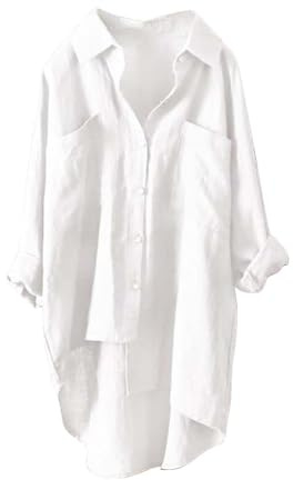 IQYU Blusa Blanca Mujer Elegante Manga Larga - Blusas y Túnicas para Mujer Tallas Grandes Camisa de Lino Oversize Blusa