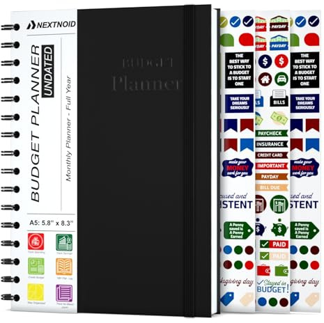 Budget Planner and Monthly Bill Organizer - Financial Planner Budget Book with Sticker Sheets - 12 Month Undated Bill Tracker Notebook with Debt, Saving and Expense Trackers - A5 (Black)
