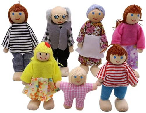 Pesoncarl Doll House Family 7Pcs/Set Wooden Dressed Dollhouse People with Movable Joint Interactive Parent-child Doll House Family Figures for Pretend Play, Decorating, Toys