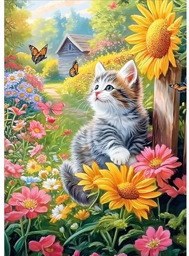 DPHERO Kitten Diamond Painting Kits for Beginners Adults,5D DIY Sunflowers Diamond Art Kits,Round Full Drill Butterflies Gem Art Crafts,DIY Cat Painting by Numbers for Home Wall Decor 12x16 inch