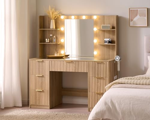 AMERLIFE 47.2 Fluted Vanity Desk with Mirror and Adjustable LED Lights, Large 7 Drawers Makeup Vanity Table with Glass Top and Charging Station for Women and Girls, Bedroom or Dorm, Natural Oak