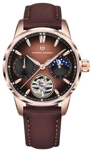 Pagani Design - Reloj automático de Lujo para Hombre, diseño de Esqueleto Tourbillon, Fase Lunar, Acero Inoxidable, 100 m, Correa de Cuero, Reloj mecánico para Hombre, Marrón Dorado, Clásico