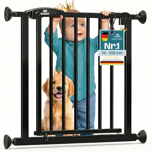 KIDIZ Griglia di protezione per scale senza foratura, larghezza regolabile: 102 – 108 cm, altezza 75 cm, griglia di protezione per porte e cani per bambini e cani, apertura con una sola mano, sistema