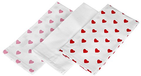 HOMESCAPES - Pure Cotton Tea Towels Set of Three - Hearts - Red Pink - 50 x 70 cm - Fully Coordinated Washable Kitchen Linen