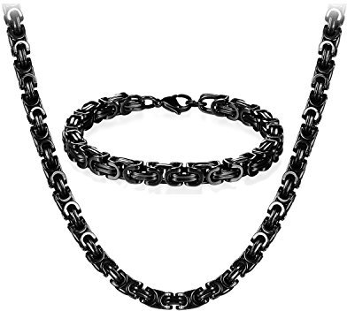 JewelryWe Halskette Armband 2er Set Herren: Schwarz Edelstahl 8mm Breite Königskette Byzantinische Ketten Set von Halsketten und Armketten für Männer Dick Schwer Kette Hip Hop Punk Schmuck 24 Zoll
