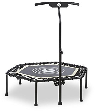 Klarfit Jumpanatic Trampolin Indoor - Fitness Trampolin mit extra großer Sprungfläche von 112 cm Ø, 6-stufig einstellbare Griffhöhe von 109-134 cm, max. 120 kg Nutzergewicht, weiß