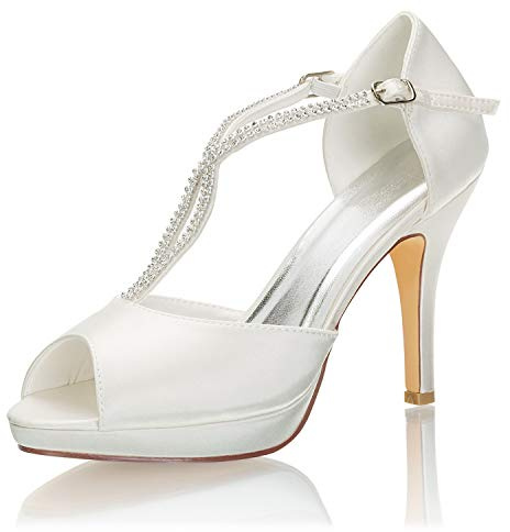 Emily Bridal Scarpe da Sposa Scarpe da Sposa con Tacco Alto Tipo T in Raso con Punta Aperta e Strass (EU36, Avorio)
