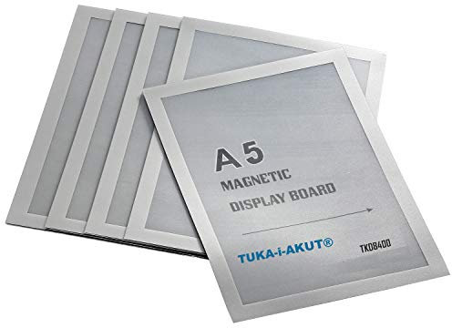 TUKA-i-AKUT 5st. A5 Info-Rahmen Selbstklebend mit Magnetverschluss, Einstecktasche Infotasche Blatthalter, Schnelles Wechseln von Aushängen, Aufklappbarer Magnetrahmen Farbe Silber, TKD8400-A5-5x