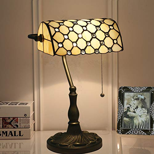Siunwdiy Lampe Bureau Banquier Lampe De Table Tiffany E27 Verre Teinté Vintage avec Abat-Jour en Verre Et Base Alliage Zinc pour Bureau Ou Maison,Jaune