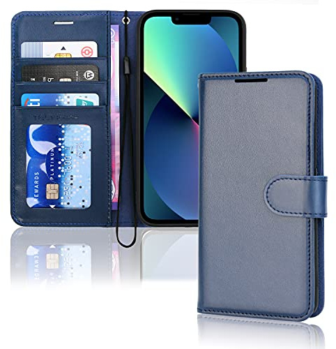 TECHGEAR iPhone 13 Leather Wallet Case, Flip Protective Case Cover with Wallet Card Holder, Stand and Wrist Strap - Blue PU Leather with Magnetic Closure for iPhone 13 6.1