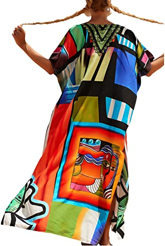 YouKD Lång kaftan bohemisk kofta strand baddräkt täcka klänning plusstorlek rock, Rött blått, en storlek