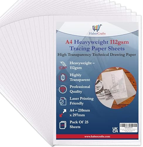 A4 112gsm Tracing Paper Sheets Printable Tracing Paper Acid Free High Transparency Technical Drawing Paper for Drawing Sketching Dressmaking 210 X 297mm (A4 Size - 112gsm Heavyweight - 25 Sheets)