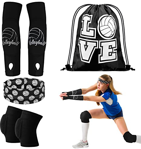 Yinder 4 Pcs Volleyball Knee Pad and Arm Sleeve Volleyball Accessories Stuff Forearm Elbow Sleeve Wrist Guard with Protection Pad and Thumb Hole for Women Men Adult(Small,Black)