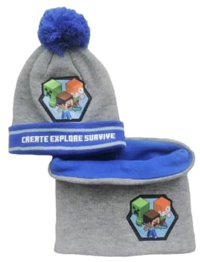 Minecraft Creeper Set invernale per bambini con berretto con pompon e sciarpa a cerchio ragazzi e ragazze 52 54, Blu, 52 cm