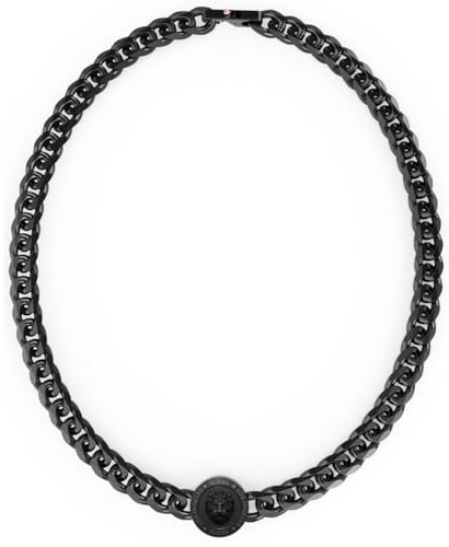 GUESS Collar de cadena negro de acero inoxidable para hombre, diseño de Rey León, medallón redondo, con cierre de mosquetón, talla única, cristal