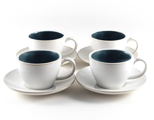 Hanseküche Cappuccino Tassen 4er Set (180 ml) aus Steingut - Hochwertige und dickwandige Kaffeetassen mit Untertassen (Blau)