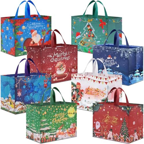 AhfuLife 8 Stück Geschenktüten Weihnachten Groß, Non Woven Weihnachtstaschen Weihnachtstüten mit Griffen, Wiederverwendbare Weihnachtsgeschenktüten, Weihnachts Geschenktüten, 32.5 x 25 x 17 cm
