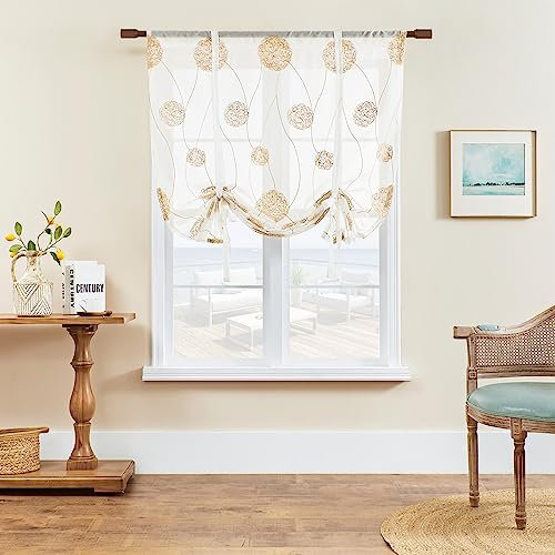 SIMPVALE 1 tenda a pacchetto ricamata trasparente con tasca per bastone, in voile traslucido, per soggiorno, camera da letto, balcone, cucina, bagno, beige, 60 x 120 cm