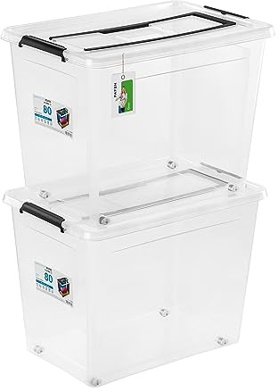 PAFEN 2x Boîte de rangement 80l avec roulettes et poignée - 39x43x58cm - Transparent Boîtes Rangement Bacs gerbables avec clips de fermeture Bacs plastiques