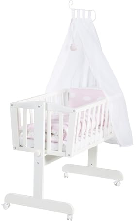 roba Babysäng 40 x 90 cm Liten Moln i trä - Vagga & Babysäng - Sänguppsättning komplett med låsfunktion - Molnmotiv i Rosa - Inklusive utrustning - Trä vit