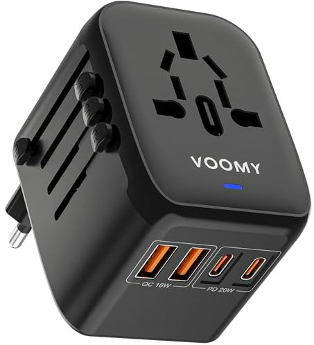 Voomy Reiseadapter Weltweit, Reisestecker Adapter Weltweit mit 2 USB-C (20W) & 2 USB-A (18W), Universal Travel Adapter für Deutschland USA England Australien Japan, Internationaler Stecker