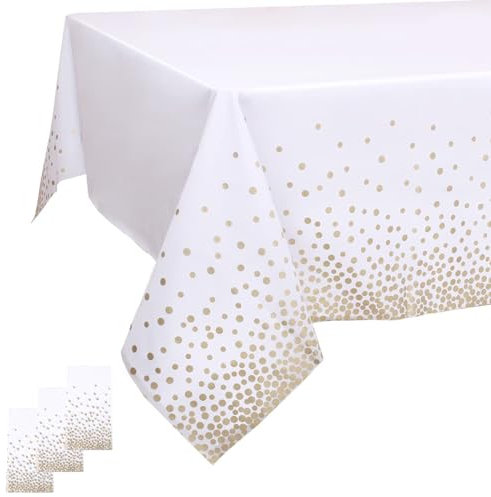 Kesfey 3 PCS White and Gold Tablecloths 54x108 Gold Dot Tablecloth, White Plastic Tablecloths Disposable Plastic Table Cover Paper Table Cloths for Parties, Party, Wedding