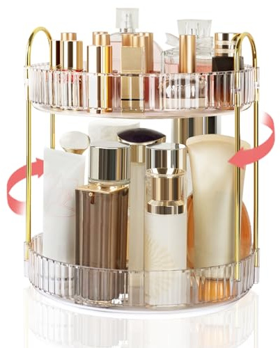 Boxalls Organizador de Maquillaje Giratorio, Organizador de Baño de 2 Capas, Almacenamiento de Cosméticos de Gran Capacidad de 360 Grados, Organizador Giratorio de Tocador (2 Niveles, Transparente)