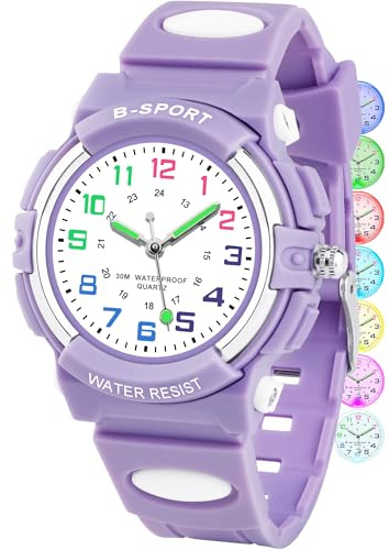 DTKID 7 Colorful Lights Children's Watch Boys Girls, Kids 30 M Waterproof Analog Watch Soft Rubber Band Easy to Read Dial Time Lessons Wristwatch Child 5-18 Years Old(Purple)