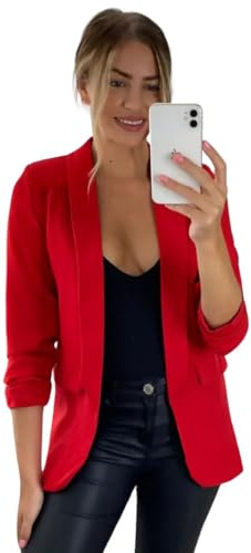 Divadames Womens Blazer Open Front Casual Cardigan Ruched Sleeve Work Office Blazer Jacket with Pockets (UK, Numeric, 12, Regular, Regular, Red)