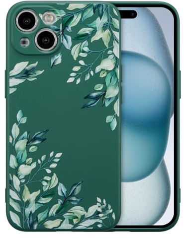 RALEAVO Flower Case for iPhone 15, Liquid Silicone Shockproof Protection Case Cover for Girls Women with Aesthetic Cute Floral Patterns Soft Slim Phone Case for iPhone 15-Dark Green/Leaves