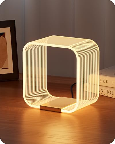 EDISHINE Lámpara de Mesa LED Moderna, Luz Decorativa con Fuente de Luz Oculta y Grabado Láser, Acrílico y Aluminio, 4W, para Dormitorio, Salón y Oficina, Dorado