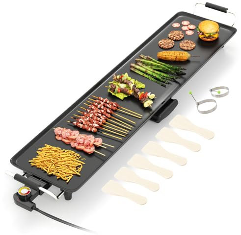 TANGZON Electric Teppanyaki Grill, 1800W Non-Stick Barbecue Grill with Adjustable Temperature, 6 Spatulas & 2 Egg Rings, Table Top BBQ Hot Plate Griddle (105x24cm, Stamping Aluminum)