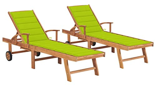 Chaises Longues 2 Pièces en Bois de Teck Massif, Transat Jardin Extérieur avec Coussin, Dossier Réglable 4 Positions, Roulettes de Transport, Confortable et Durable, Vert Clair, 195 x 59.5 cm