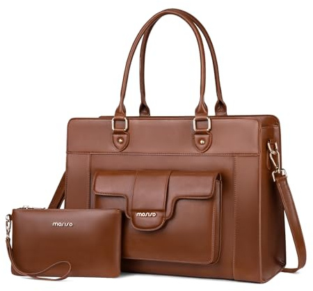 MOSISO Borsa a Tracolla Laptop Donna, 15,6 Pollici Borsa a Tracolla Pelle PU con Scomparto per Laptop Impermeabile di Grande Capacita per Insegnanti, Universita, Lavoro, Ufficio, Marrone