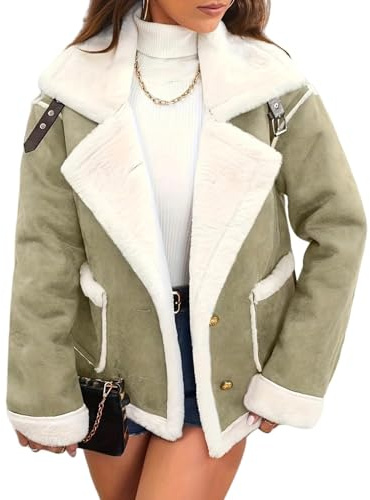 Dam fuskmocka sherpa fodrad jacka, knappar kort pälsrockar, vinter varm outfit trendig, gRÖN, M