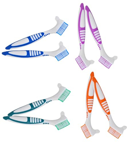 Artibetter Cepillo Limpiador para Dentaduras Postizas 8 Piezas Doble Cara Cerdas de Nailon, Mango Ergonómico, Colores Azul, Verde, Naranja y Púrpura para Cuidado Bucal y Limpieza