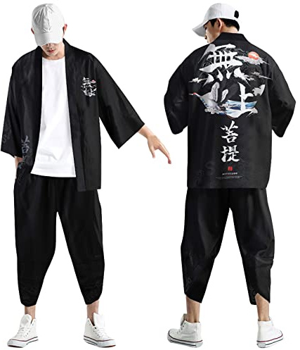 YOSUWOAI Kimono traditionnel pour homme - Costume ample yukata - Style japonais - Kimono imprimé traditionnel - Cardigan et pantalon - Veste fine - Cardigan japonais - Pantalon sarouel
