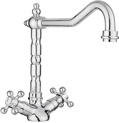 JASSFERRY Vintage French Mixer Tap Traditional Crosshead Handles Monobloc Kitchen Sink Faucet with Swivel Spout Chrome Polished